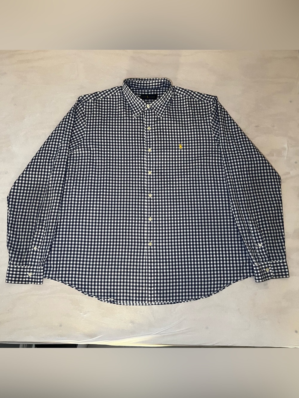 Polo Ralph Lauren Gingham Check Button Down Shirt Mens XL Navy Blue Yellow Pony